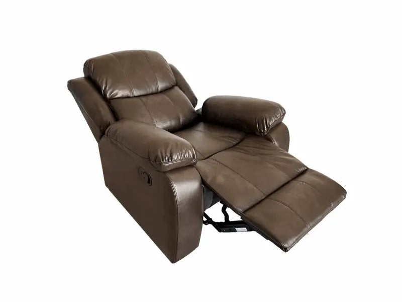 Brown leather recliner chair with footrest extended