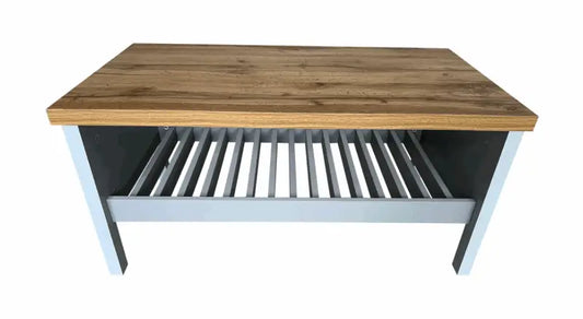 Modern bench with a wooden top and slatted storage shelf underneath.
