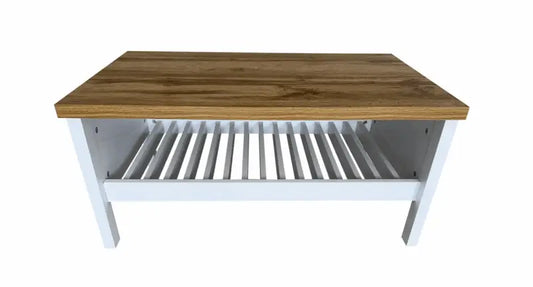 White-painted wooden bench with slatted storage shelf and natural wood top.