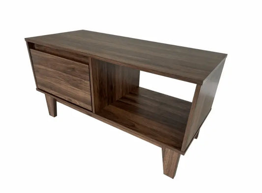 Mid-century modern wooden TV stand with one drawer and an open shelf compartment.