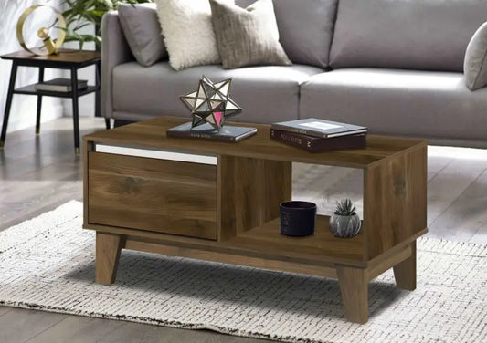 Modern wooden coffee table with sliding drawer and open shelf compartment.