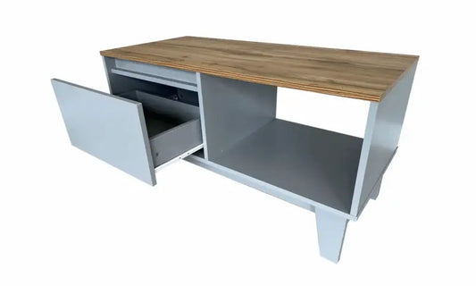 Modern TV stand with wooden top, gray metal frame, and pull-out drawer.