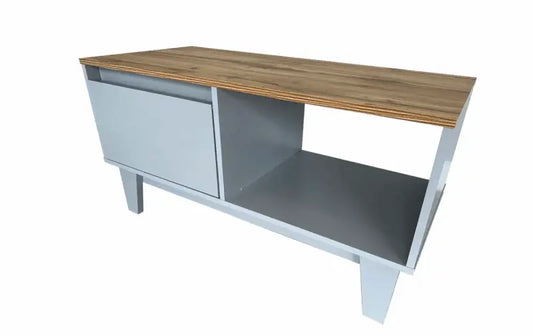 Modern entertainment unit with wooden top, gray cabinet door, and open shelf compartment.