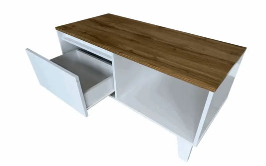 Modern TV stand with white base, wooden top, and pull-out drawer.