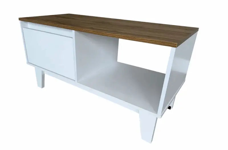 Modern media console with white base, wooden top, and sliding door panel.