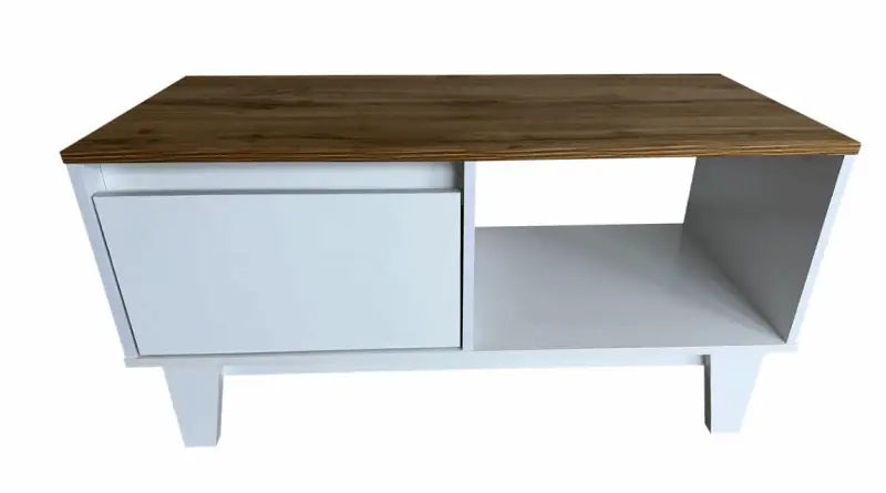 Modern TV stand with a wooden top, white cabinet door, and open shelf compartment.