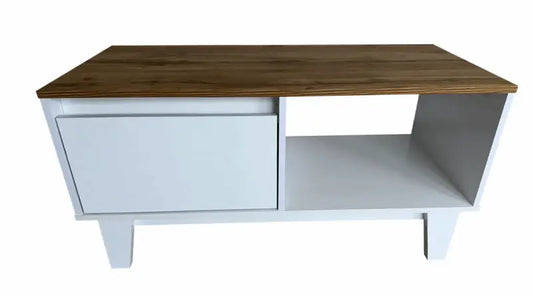 Modern TV stand with a wooden top, white cabinet door, and open shelf compartment.