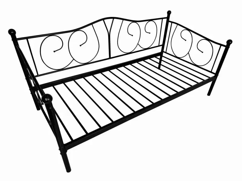 Metal daybed with decorative scrollwork and slatted base