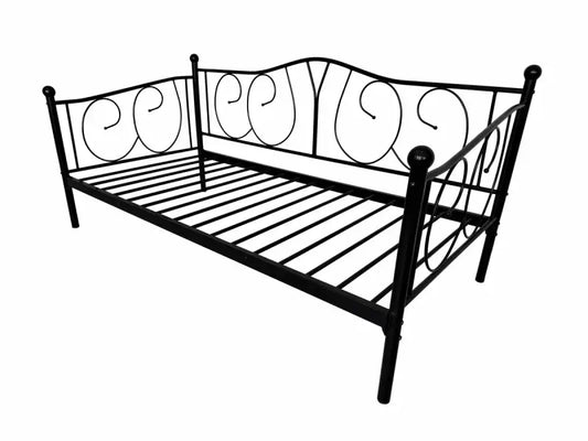 Metal daybed with decorative scrollwork and slat support