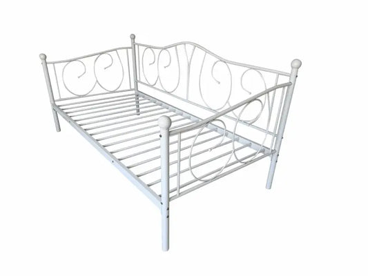 White metal daybed with decorative scrollwork and slat support