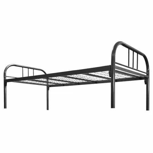 Simple black metal bed frame with mesh wire support.