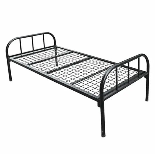 Simple black metal bed frame with wire mesh support.