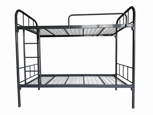 Metal-framed bunk bed with wire mesh mattress supports