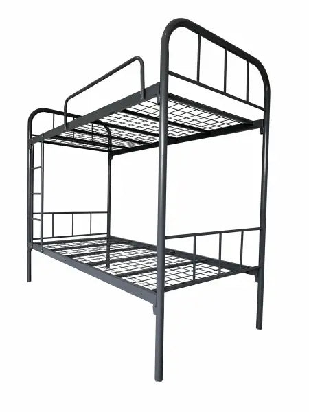 Metal-framed bunk bed with wire mesh mattress supports