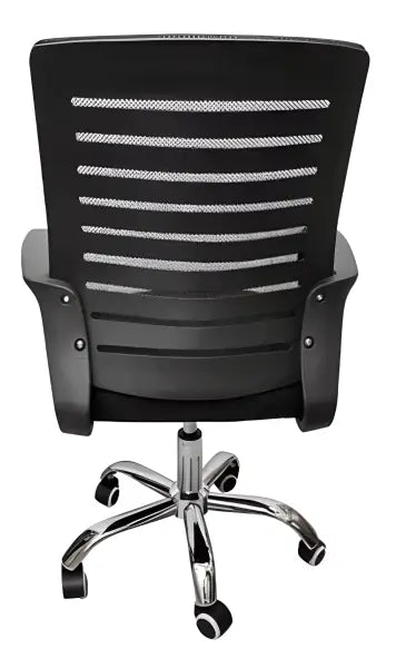 Black mesh office chair with horizontal stripes and chrome wheeled base.