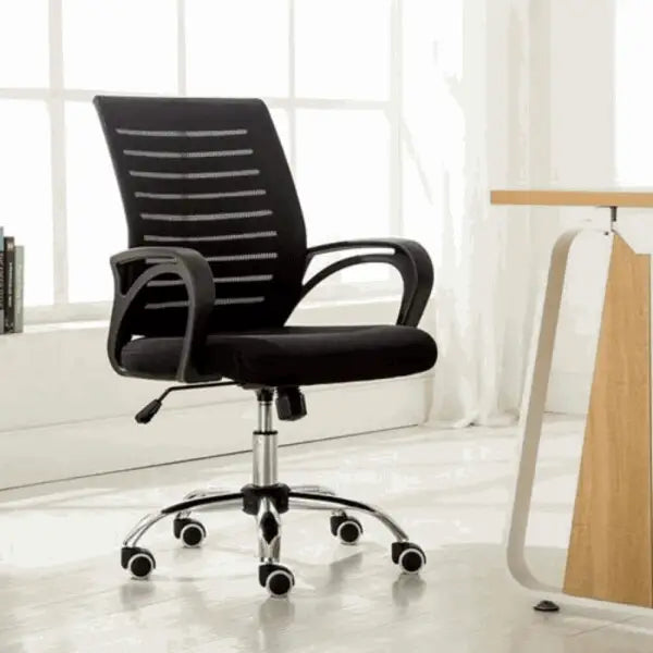 Black mesh office chair with armrests and rolling wheels.