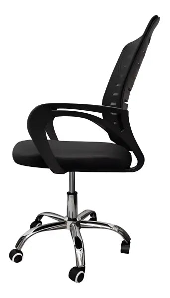 Black mesh office chair with armrests and chrome wheeled base.