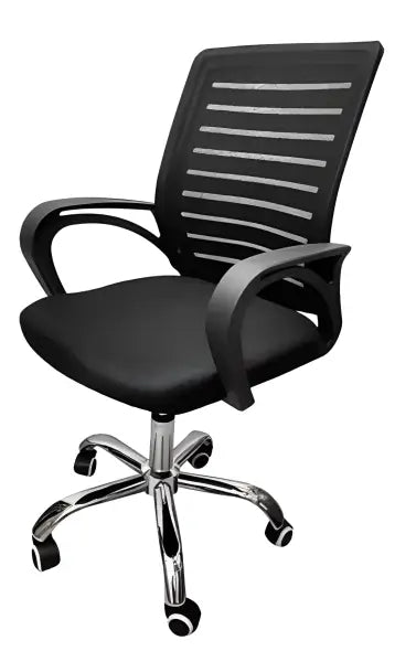 Black mesh-back office chair with armrests and chrome wheeled base.