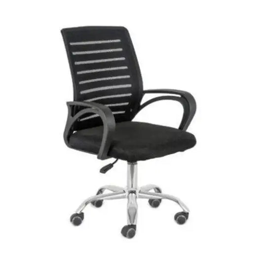 Black mesh office chair with armrests and wheels on a chrome base.