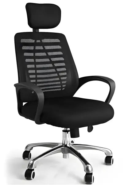 Black mesh office chair with a headrest, armrests, and rolling wheels.