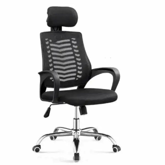 Black mesh office chair with headrest, armrests, and chrome wheeled base.