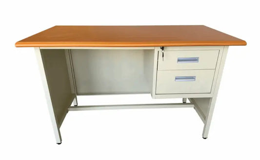 Metal office desk with a wooden top and two drawers.
