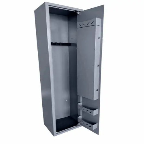 Metal gun safe with an open door showing interior storage compartments.