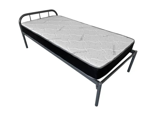 Simple metal frame bed with a white mattress