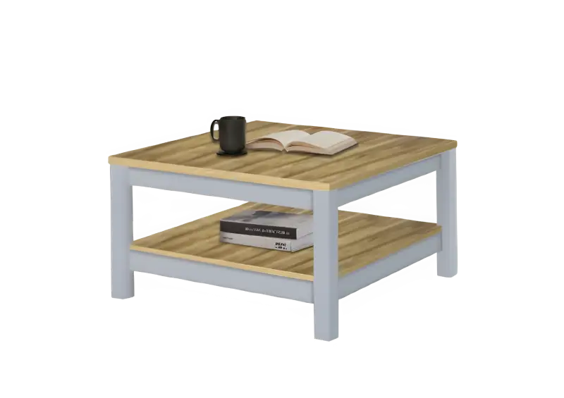 Square coffee table with white legs and natural wood top and bottom shelf.