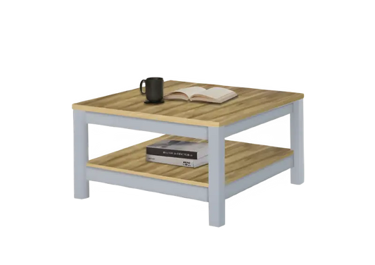 Square coffee table with white legs and natural wood top and bottom shelf.