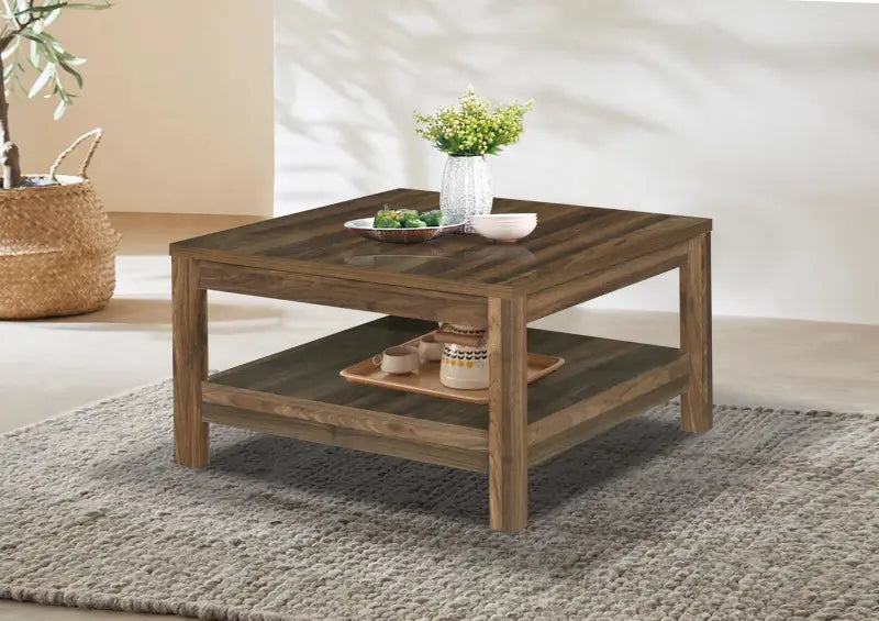 Square wooden coffee table with a lower shelf