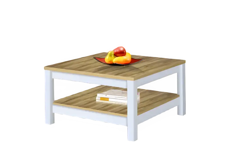 Square coffee table with white legs and natural wood surfaces on top and bottom shelf