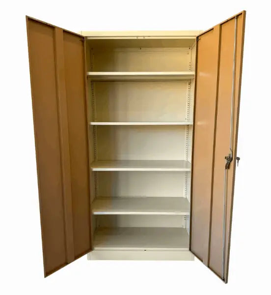 Metal storage cabinet with open doors and empty shelves.