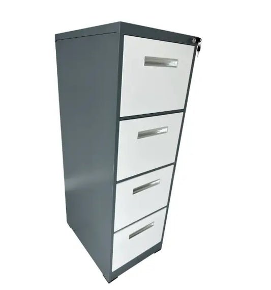 Four-drawer metal filing cabinet with gray sides and white drawer fronts.