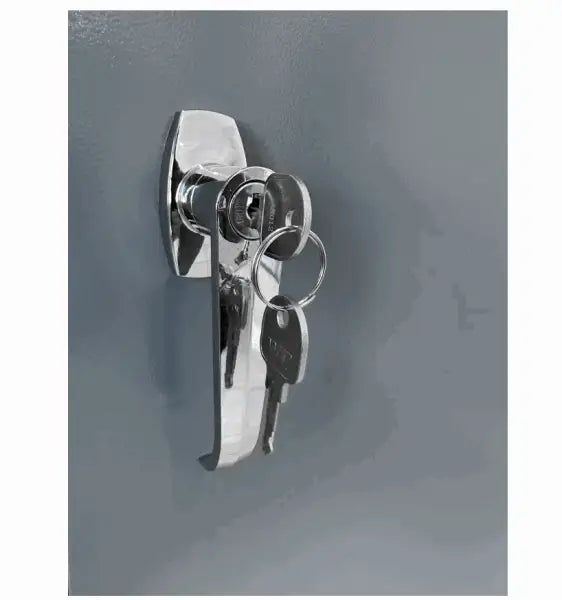 Chrome door handle with keys inserted into the lock.