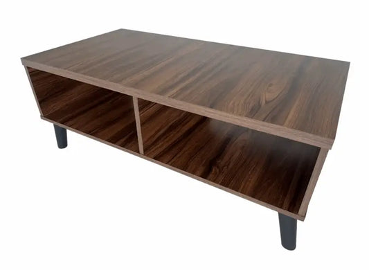 Modern wooden coffee table with open storage compartments and black legs.
