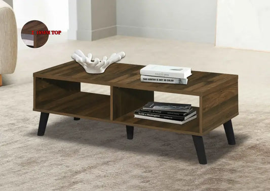 Mid-century modern coffee table with open storage compartments and angled black legs.