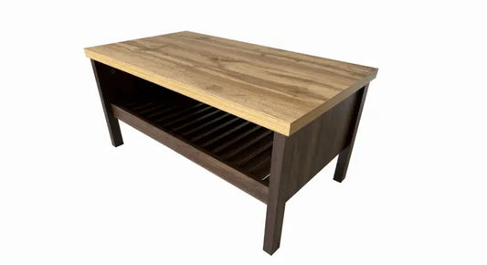 Wooden coffee table with a dark base and slatted lower shelf.