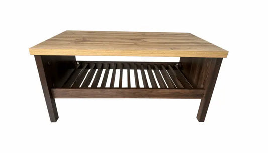 Wooden coffee table with a slatted lower shelf.