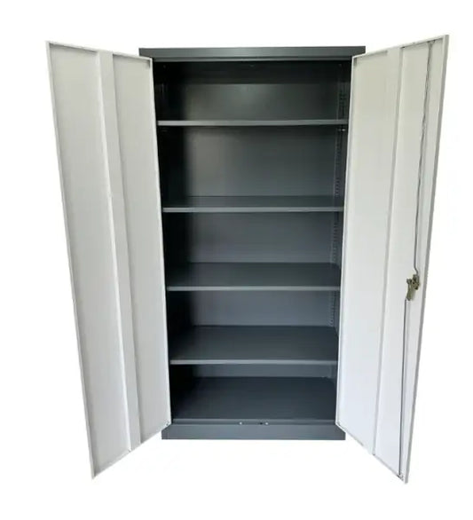Metal storage cabinet with open doors and multiple shelves.